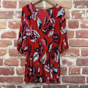 Express Dress Women's Large Red Multicolor Floral Abstract Casual Ruffle Sleeves
